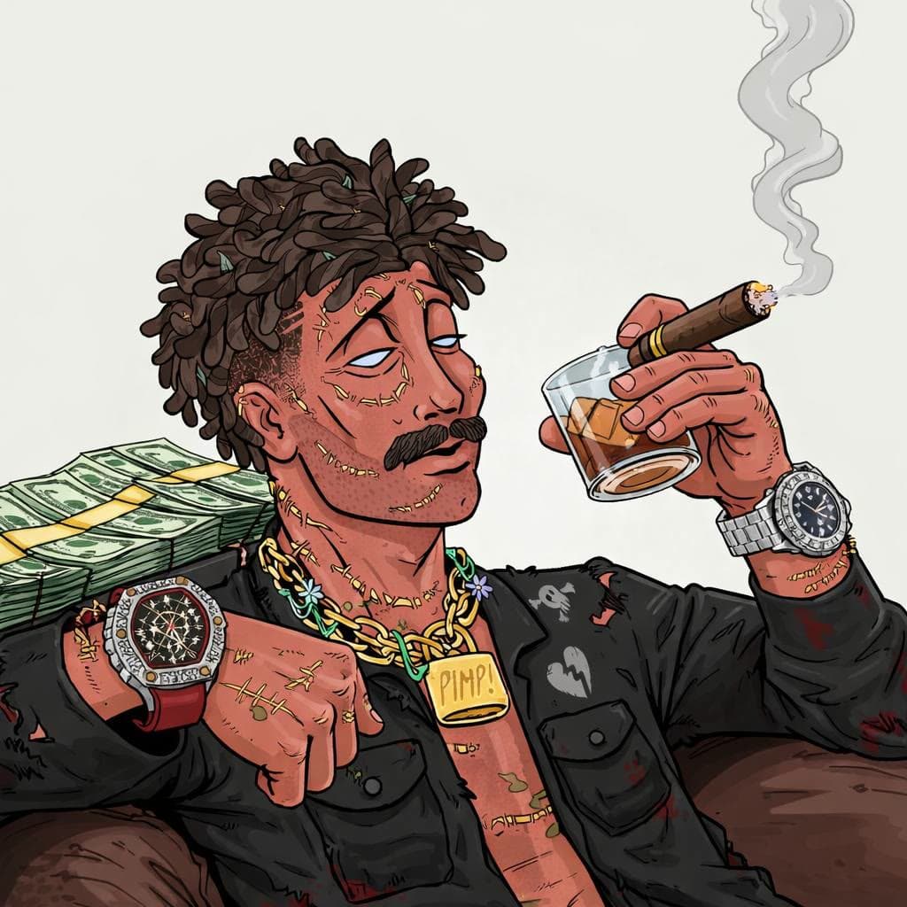 $LIZZY relaxing with a cigar and whiskey, gold chains and luxury watches visible