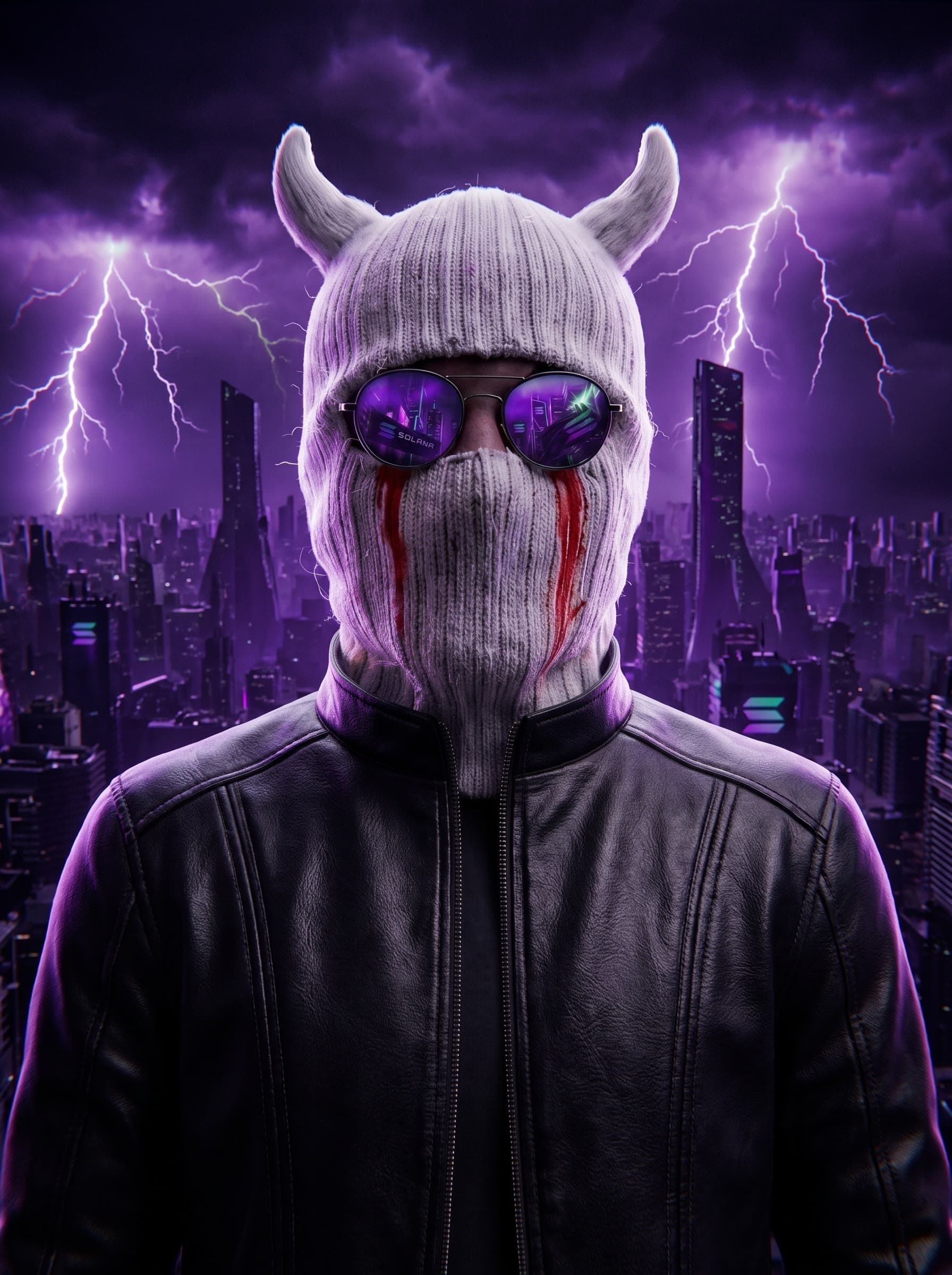 $LIZZY standing with arms crossed, wearing the signature white horned mask with red tear streaks, above a lightning-lit Solana city skyline