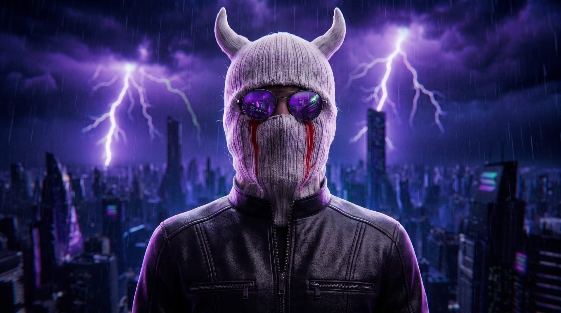 $LIZZY standing with arms crossed, wearing the signature white horned mask with red tear streaks, above a lightning-lit Solana city skyline