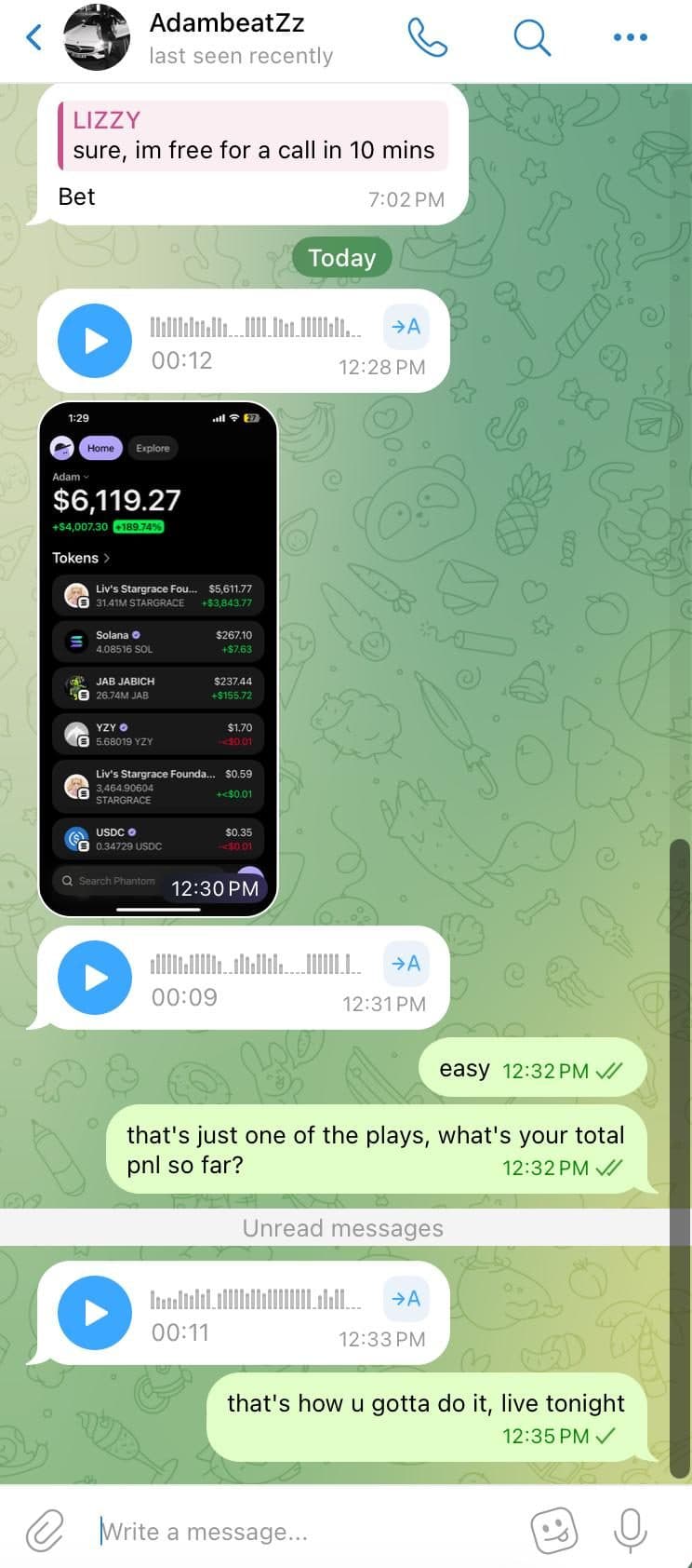 Community member screenshot reporting portfolio gains from following $LIZZY