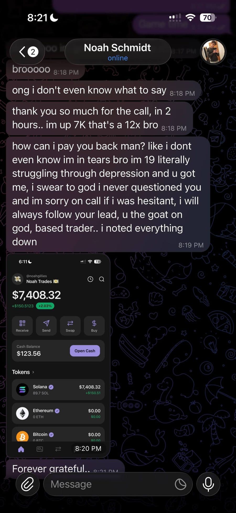 Community member screenshot reporting portfolio gains from following $LIZZY