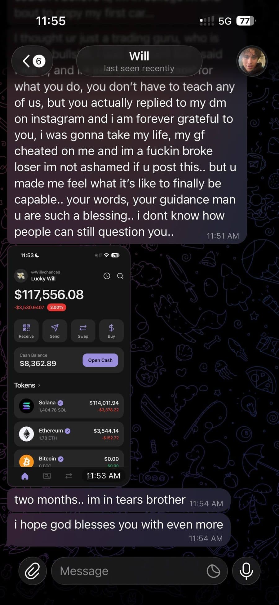 Community member screenshot reporting portfolio gains from following $LIZZY