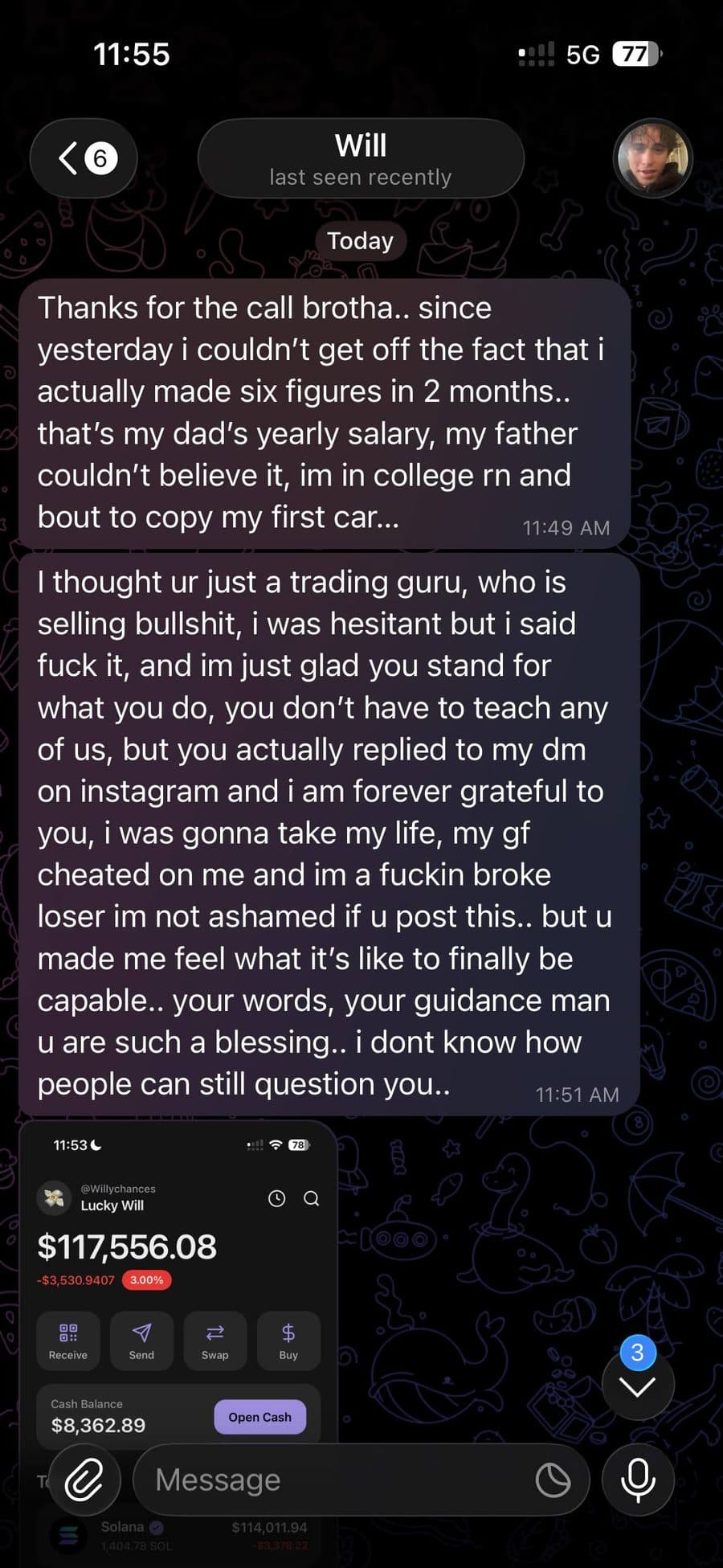 Community member screenshot reporting portfolio gains from following $LIZZY