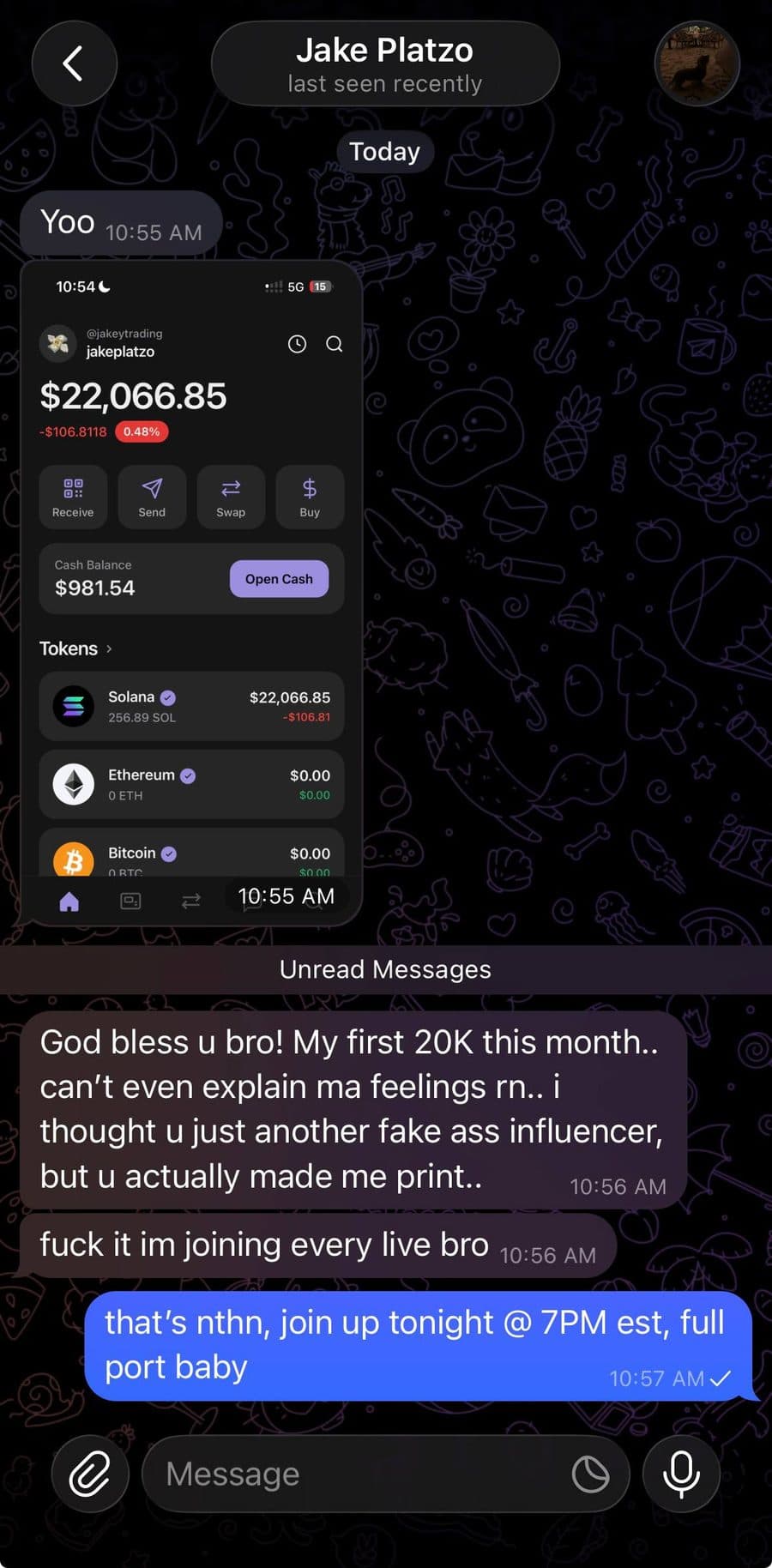 Community member screenshot reporting portfolio gains from following $LIZZY