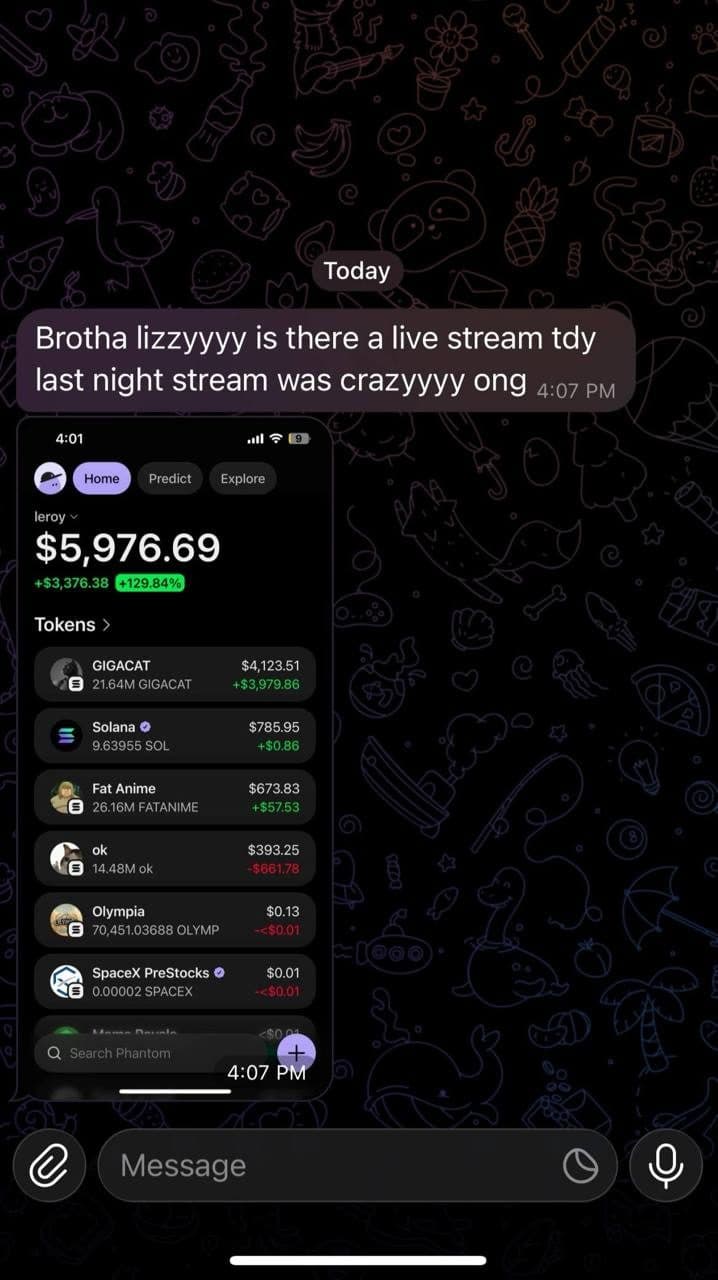 Community member screenshot reporting portfolio gains from following $LIZZY