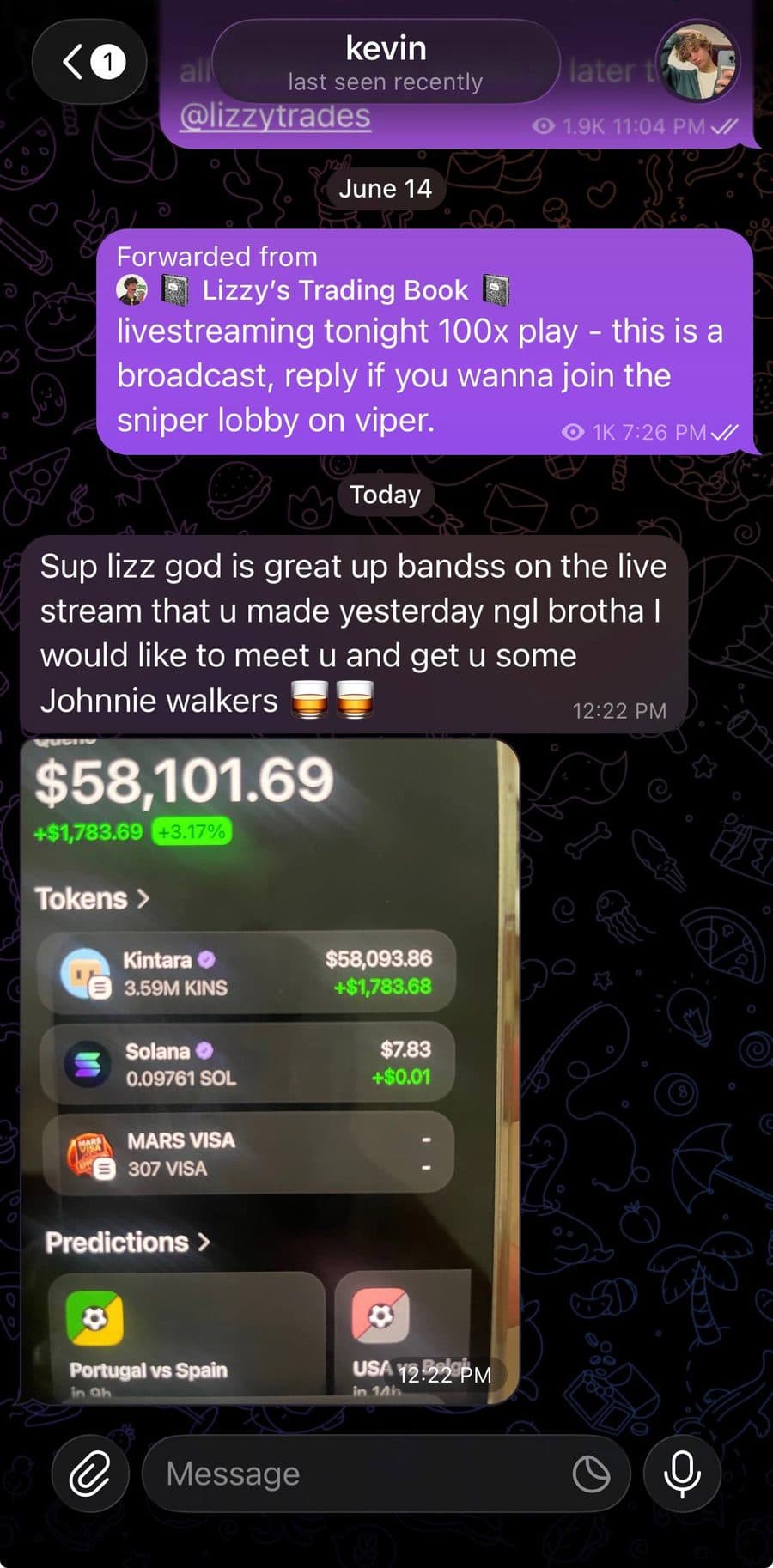 Community member screenshot reporting portfolio gains from following $LIZZY