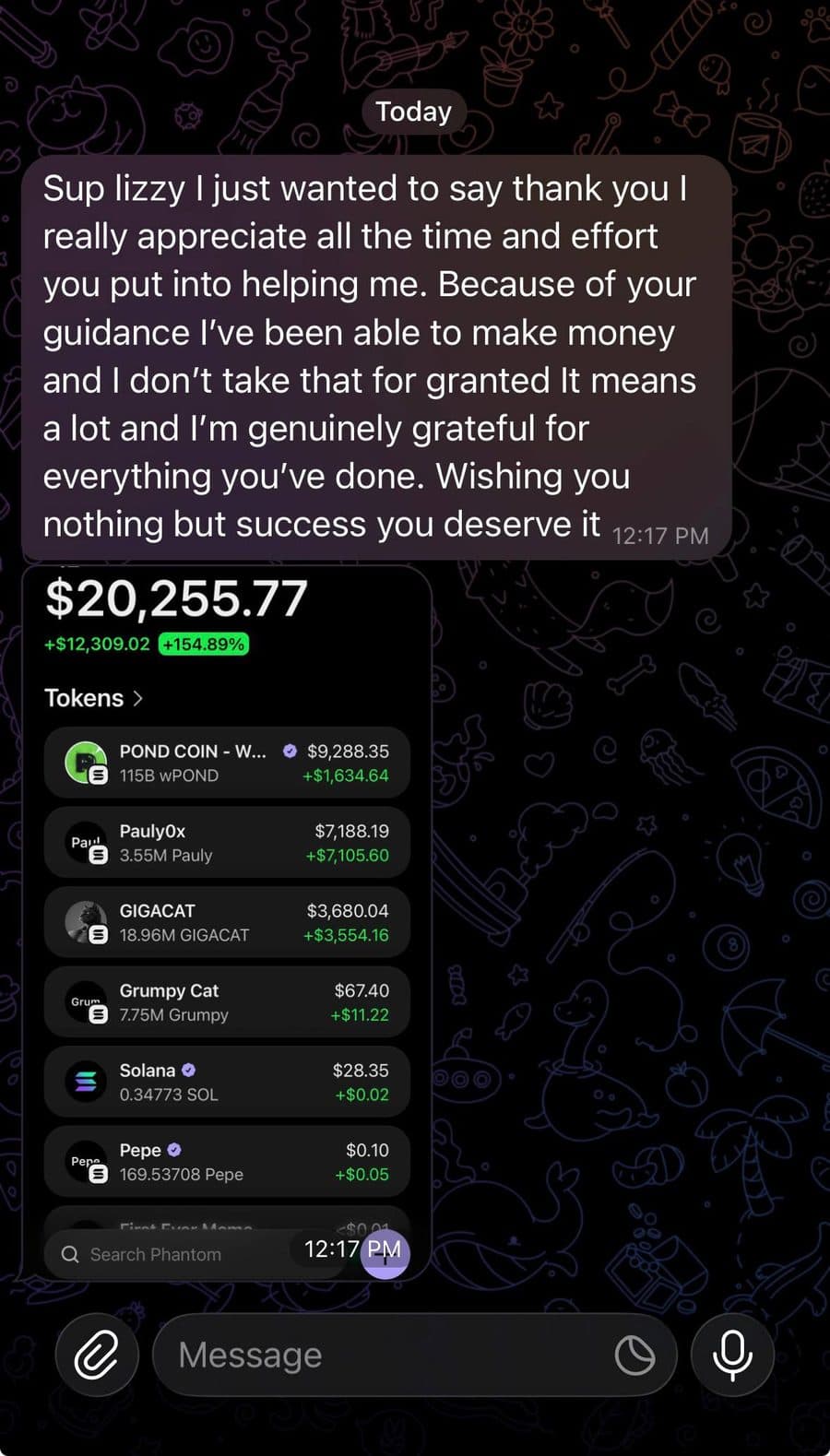 Community member screenshot reporting portfolio gains from following $LIZZY