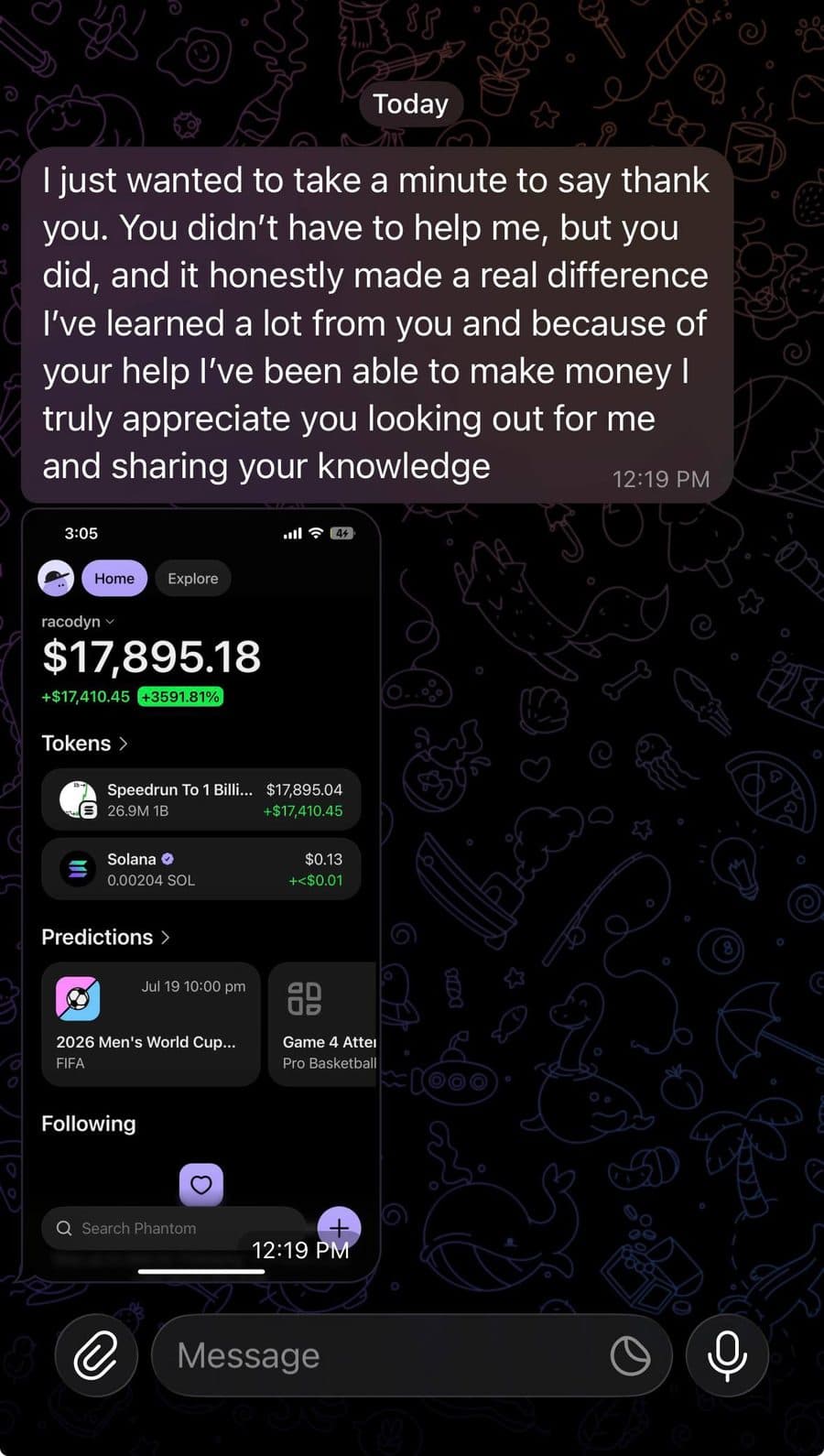 Community member screenshot reporting portfolio gains from following $LIZZY